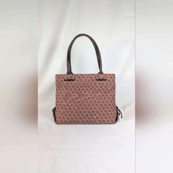 Dooney & Bourke Signature Monogrammed Tassel Tote Burgundy Canvas Brown Leather - Picture 2 of 12